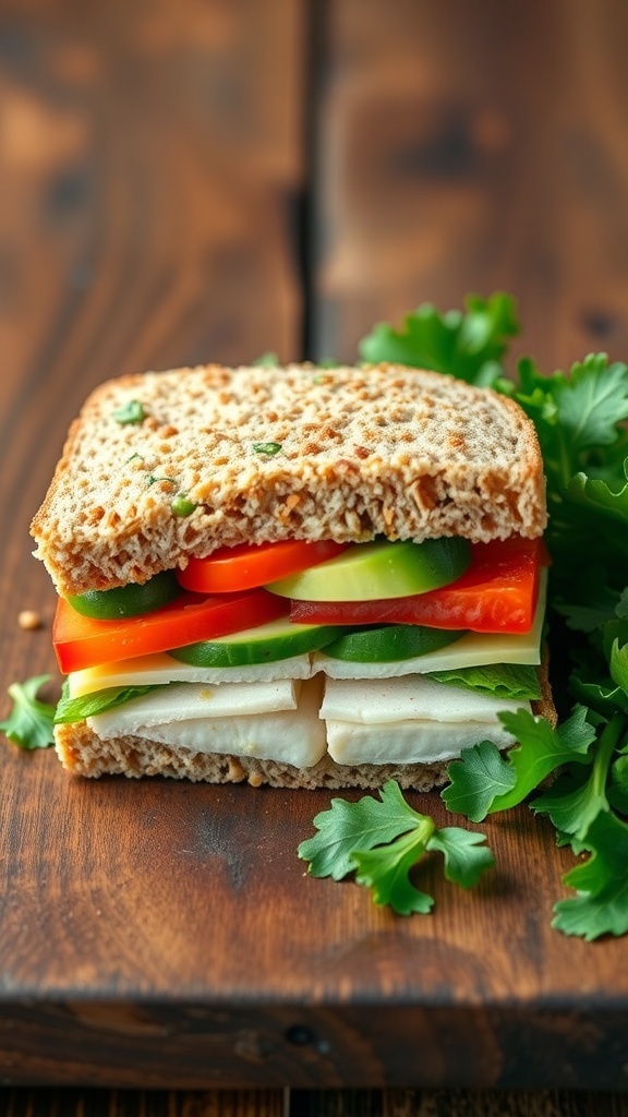 A healthy whole grain sandwich with avocado, cucumber, bell pepper, and turkey on a wooden table with greens.